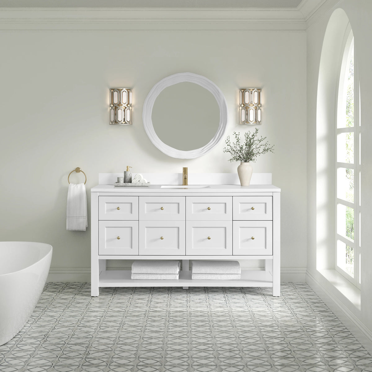 Breckenridge 60" Single Vanity, Bright White, w/ Single Hole 3 CM White Zeus Quartz Top & Backsplash, view 3