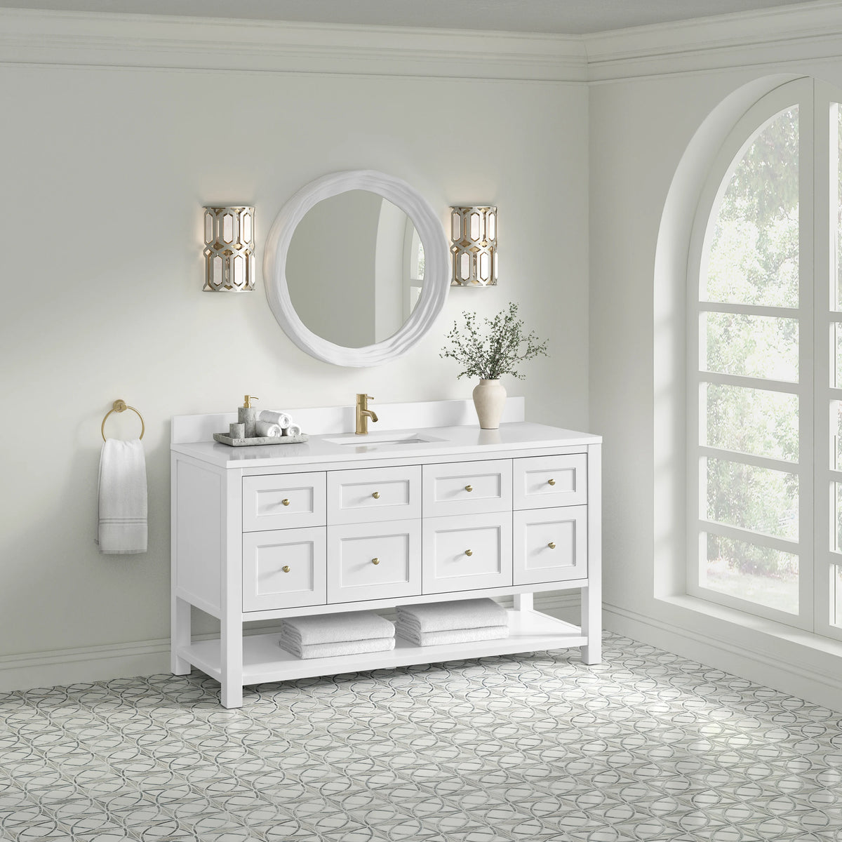 Breckenridge 60" Single Vanity, Bright White, w/ Single Hole 3 CM White Zeus Quartz Top & Backsplash, view 4