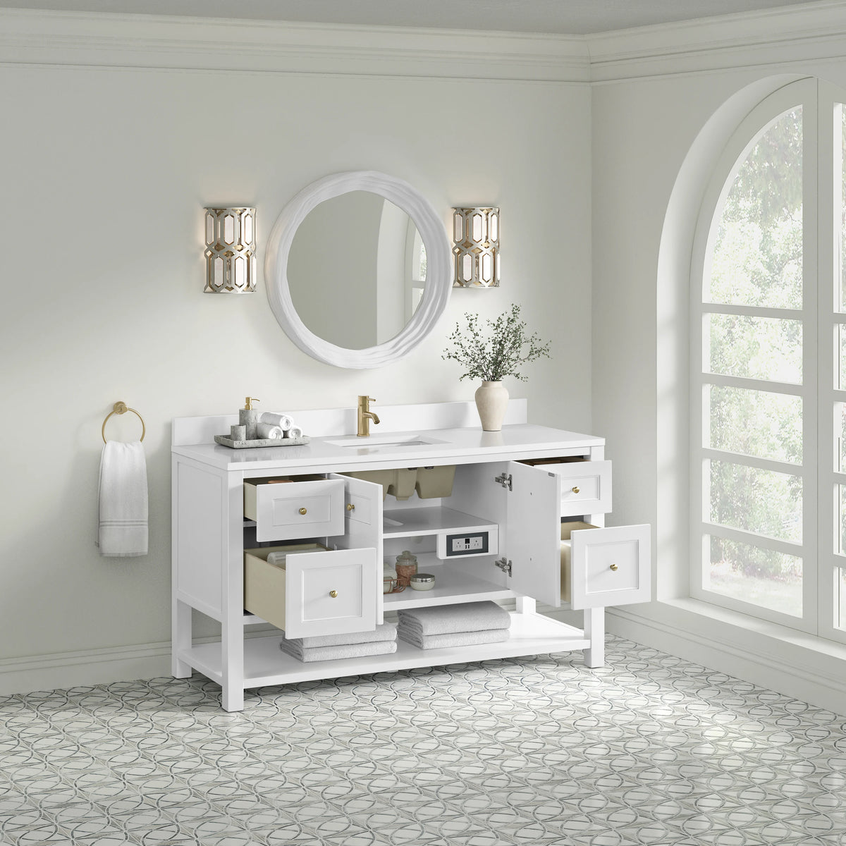 Breckenridge 60" Single Vanity, Bright White, w/ Single Hole 3 CM White Zeus Quartz Top & Backsplash, view 5