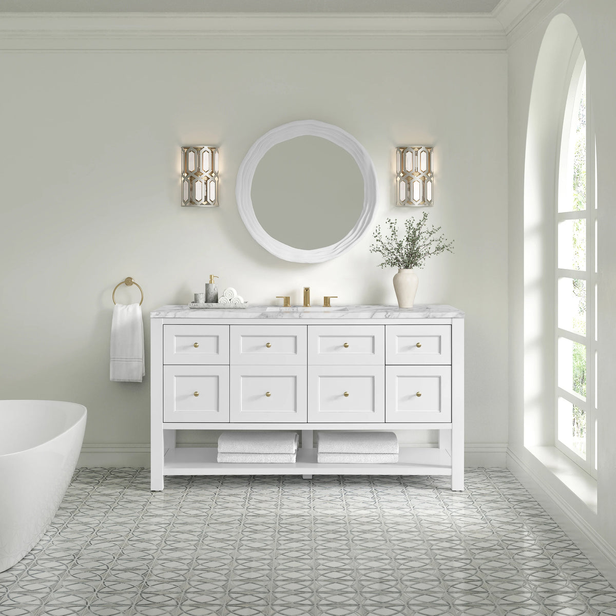 Breckenridge 60" Single Vanity, Bright White, w/ 3 CM Carrara Marble Top, view 3