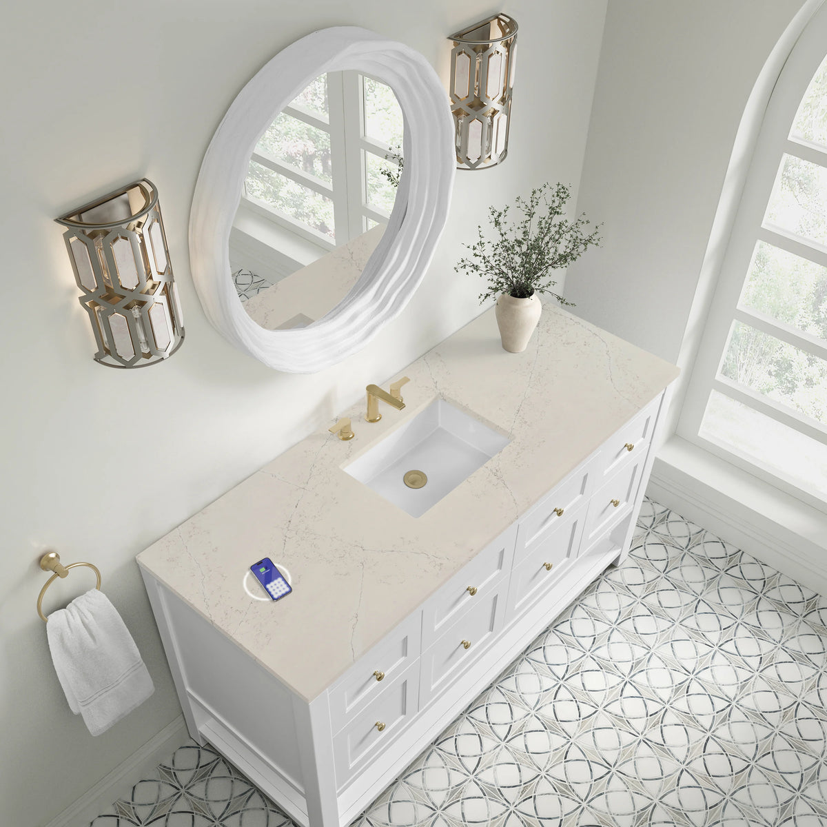 Breckenridge 60" Single Vanity, Bright White, w/ 3 CM Siberian Silestone Top w/FreePower Wireless Charger, view 9