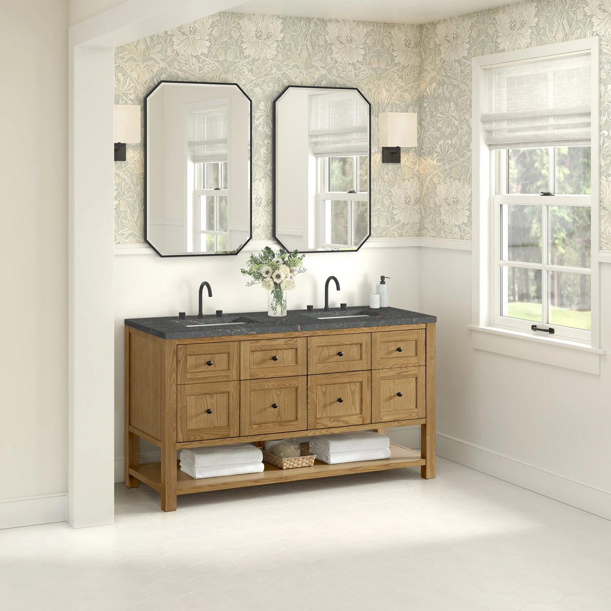 Breckenridge 60" Double Vanity, Light Natural Oak, w/ 3 CM Parisien Bleu Quartz Top, view 4