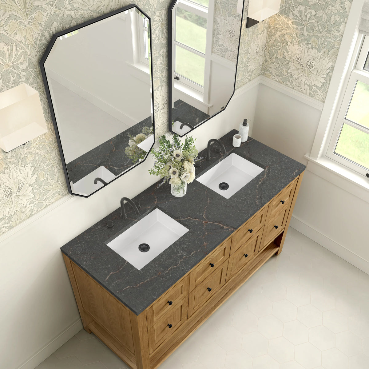 Breckenridge 60" Double Vanity, Light Natural Oak, w/ 3 CM Parisien Bleu Quartz Top, view 7