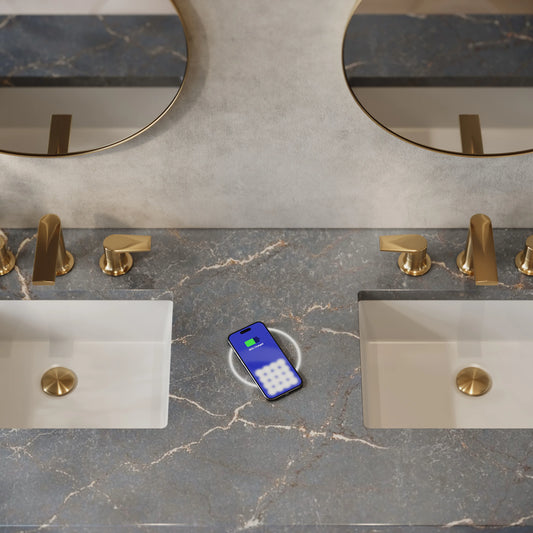 Breckenridge 60" Double Vanity, Light Natural Oak, w/ 3 CM Parisien Bleu Quartz Top w/FreePower Wireless Charger, view 2