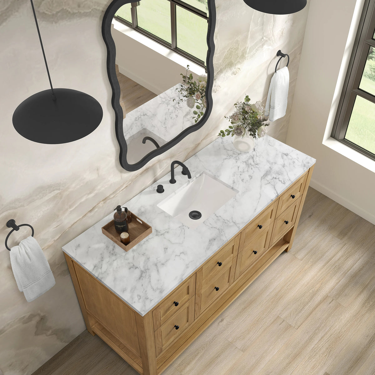 Breckenridge 60" Single Vanity, Light Natural Oak, w/ 3 CM Carrara Marble Top, view 7