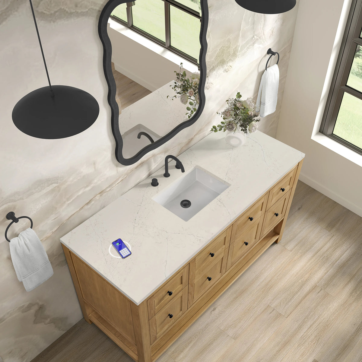 Breckenridge 60" Single Vanity, Light Natural Oak, w/ 3 CM Siberian Silestone Top w/FreePower Wireless Charger, view 9