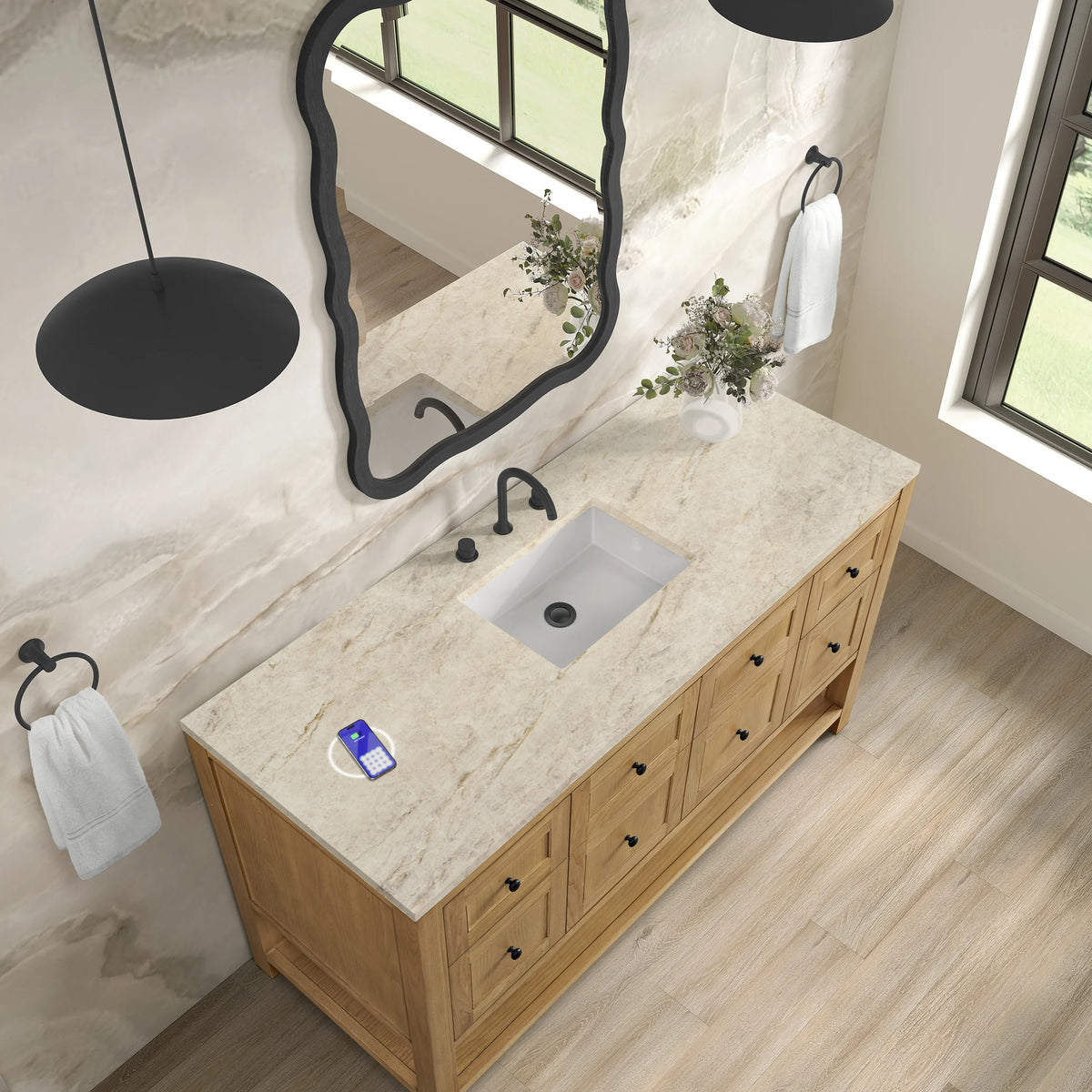 Breckenridge 60" Single Vanity, Light Natural Oak, w/ 3 CM Tajnar Eclos Top w/FreePower Wireless Charger, view 9