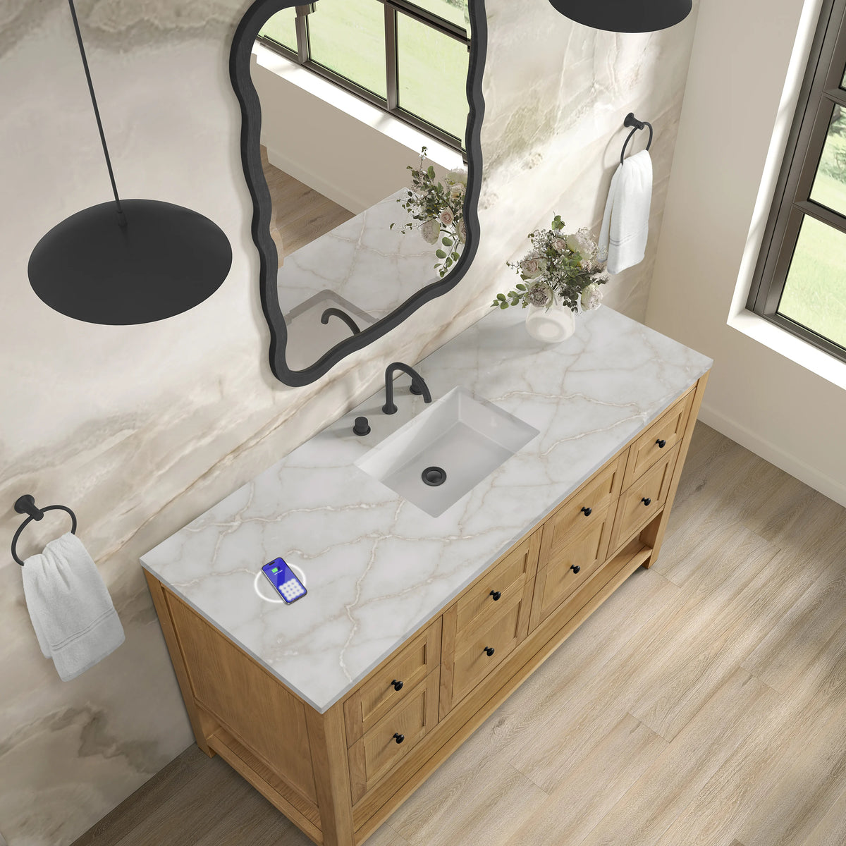 Breckenridge 60" Single Vanity, Light Natural Oak, w/ 3 CM Victorian Silver Silestone Top w/ FreePower Wireles, view 10