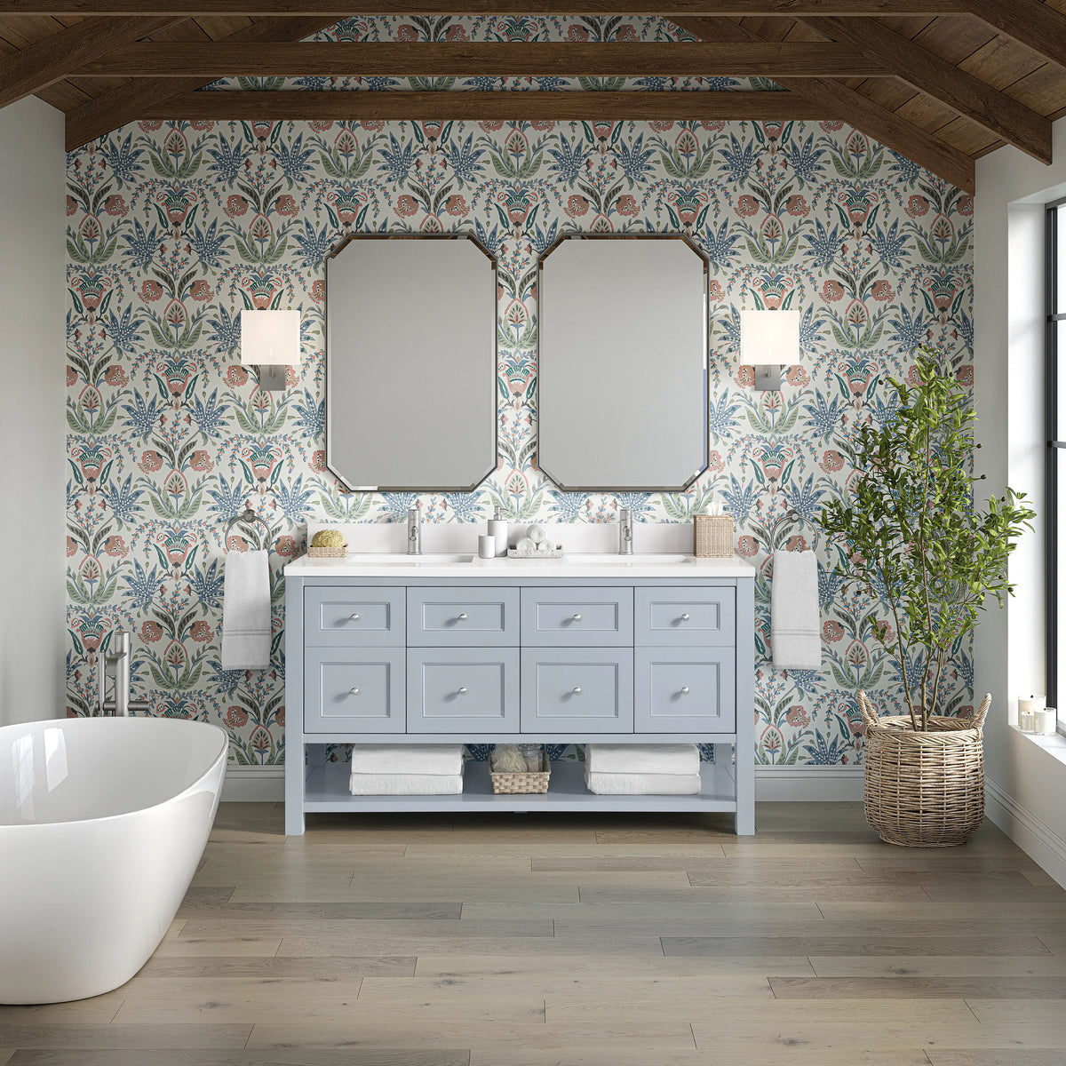 Breckenridge 60" Double Vanity, Serenity Blue, w/ Single Hole 3 CM White Zeus Quartz Top & Backsplash, view 3