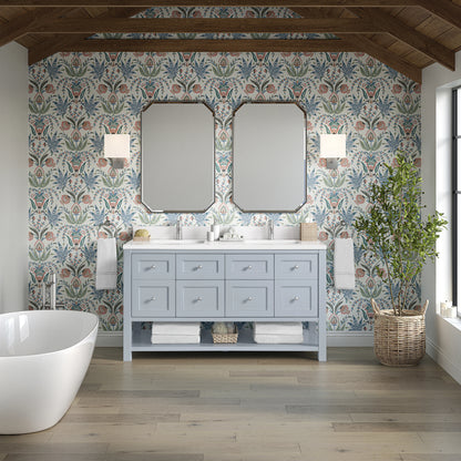 Breckenridge 60" Double Vanity, Serenity Blue, w/ Single Hole 3 CM White Zeus Quartz Top & Backsplash, view 3