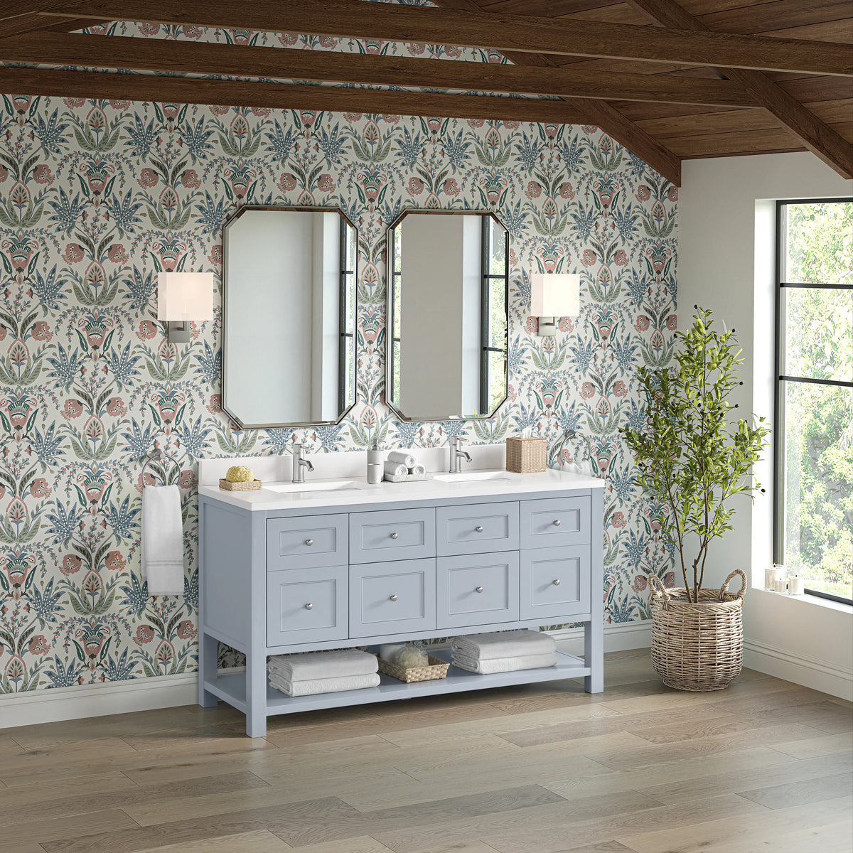 Breckenridge 60" Double Vanity, Serenity Blue, w/ Single Hole 3 CM White Zeus Quartz Top & Backsplash, view 4