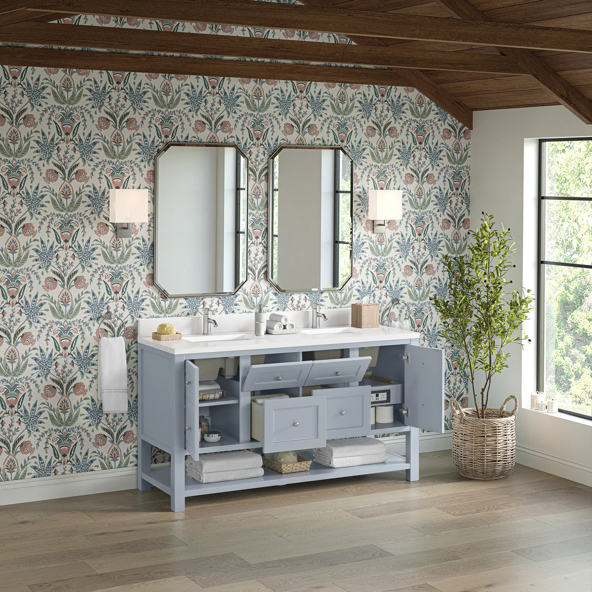 Breckenridge 60" Double Vanity, Serenity Blue, w/ Single Hole 3 CM White Zeus Quartz Top & Backsplash, view 5