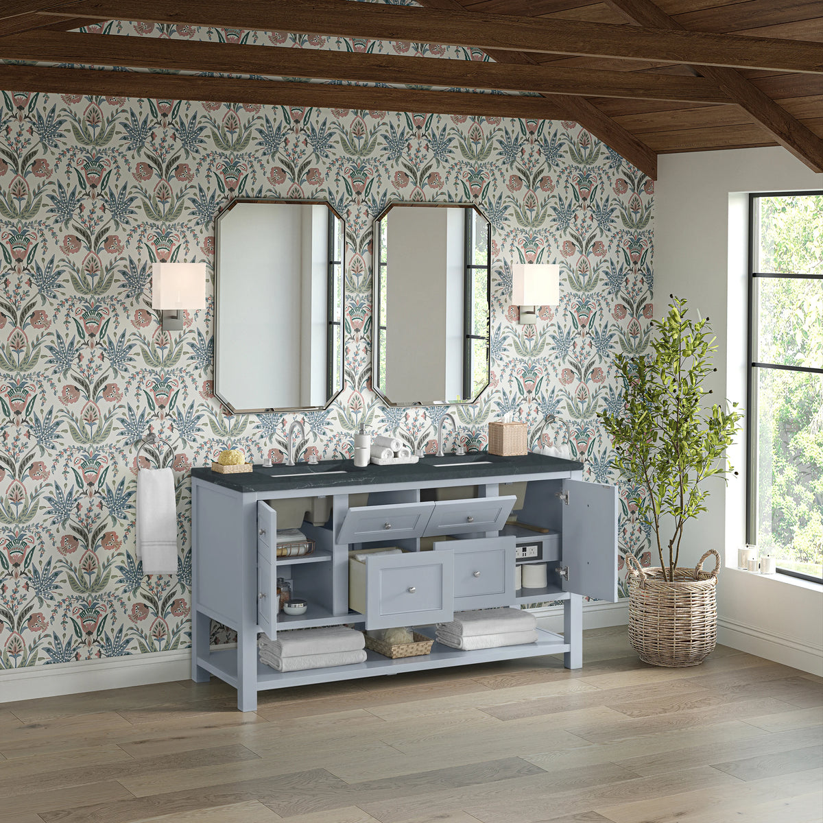 Breckenridge 60" Double Vanity, Serenity Blue, w/ 3 CM Charcoal Soapstone Quartz Top, view 5