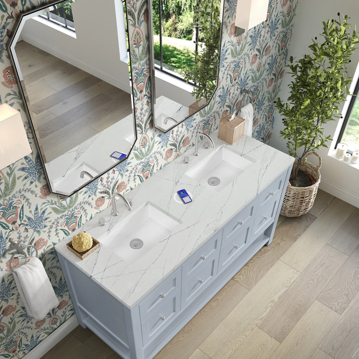 Breckenridge 60" Double Vanity, Serenity Blue, w/ 3 CM Ethereal Noctis Quartz Top w/FreePower Wireless Charger, view 10