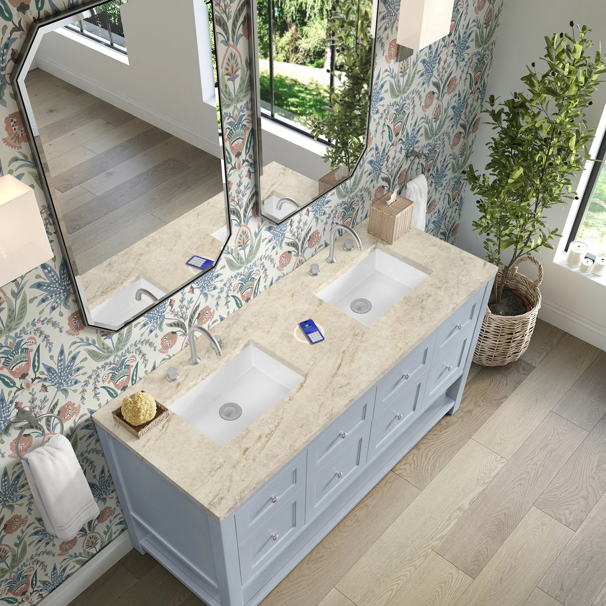 Breckenridge 60" Double Vanity, Serenity Blue, w/ 3 CM Tajnar Eclos Top w/FreePower Wireless Charger, view 9