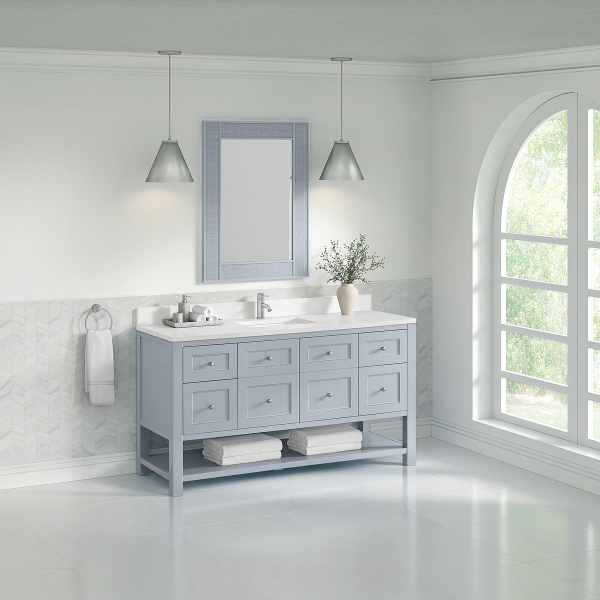 Breckenridge 60" Single Vanity, Serenity Blue, w/ Single Hole 3 CM White Zeus Quartz Top & Backsplash, view 4