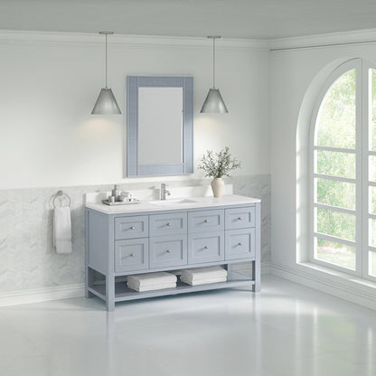 Breckenridge 60" Single Vanity, Serenity Blue, w/ Single Hole 3 CM White Zeus Quartz Top & Backsplash, view 4