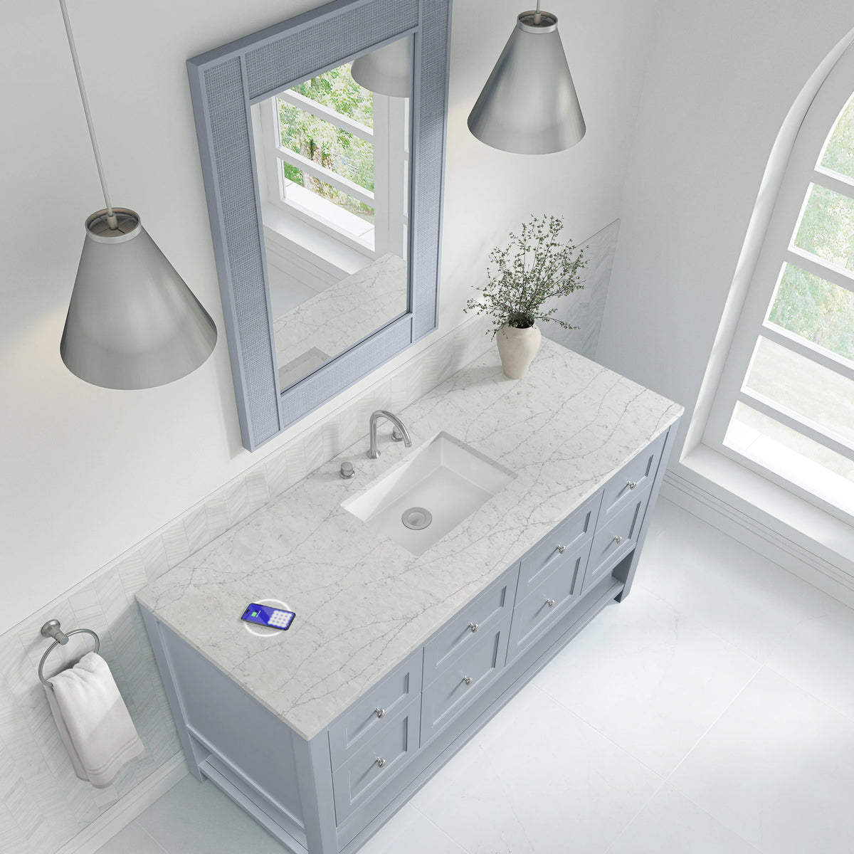 Breckenridge 60" Single Vanity, Serenity Blue, w/ 3 CM Eternal Jasmine Pearl Silestone Top w/ FreePower Wirele, view 10