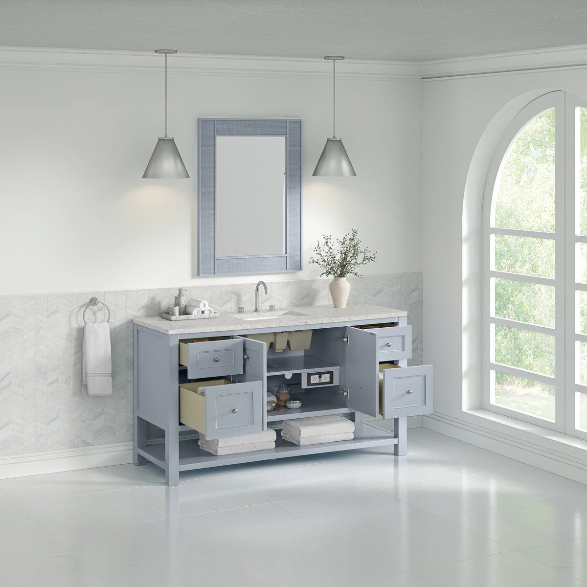 Breckenridge 60" Single Vanity, Serenity Blue, w/ 3 CM Eternal Jasmine Pearl Silestone Top w/ FreePower Wireles, view 8