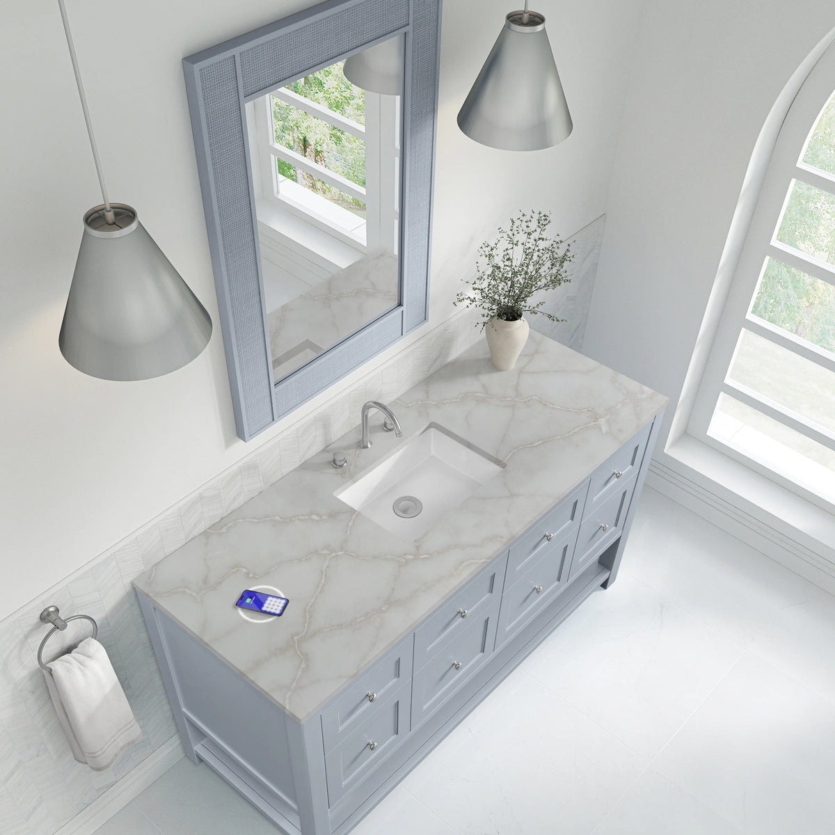 Breckenridge 60" Single Vanity, Serenity Blue, w/ 3 CM Victorian Silver Silestone Top w/ FreePower Wireless Ch, view 10