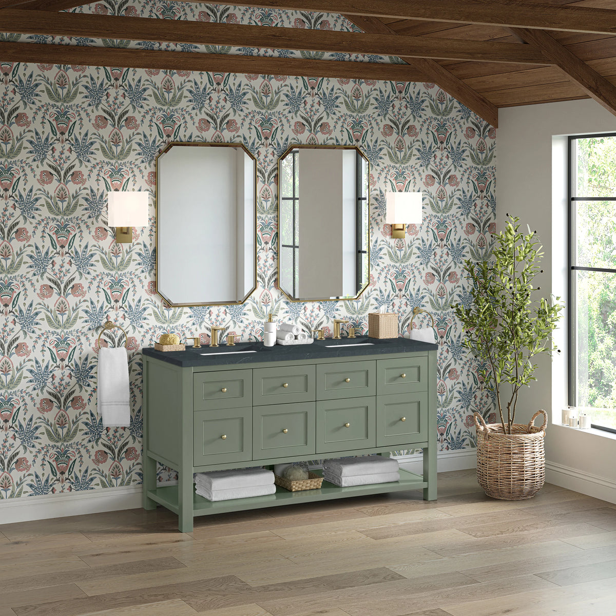 Breckenridge 60" Double Vanity, Smokey Celadon, w/ 3 CM Charcoal Soapstone Quartz Top, view 4