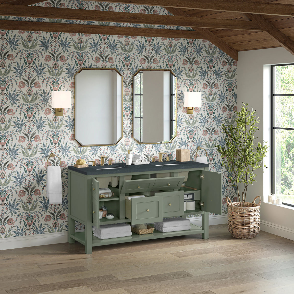 Breckenridge 60" Double Vanity, Smokey Celadon, w/ 3 CM Charcoal Soapstone Quartz Top, view 5