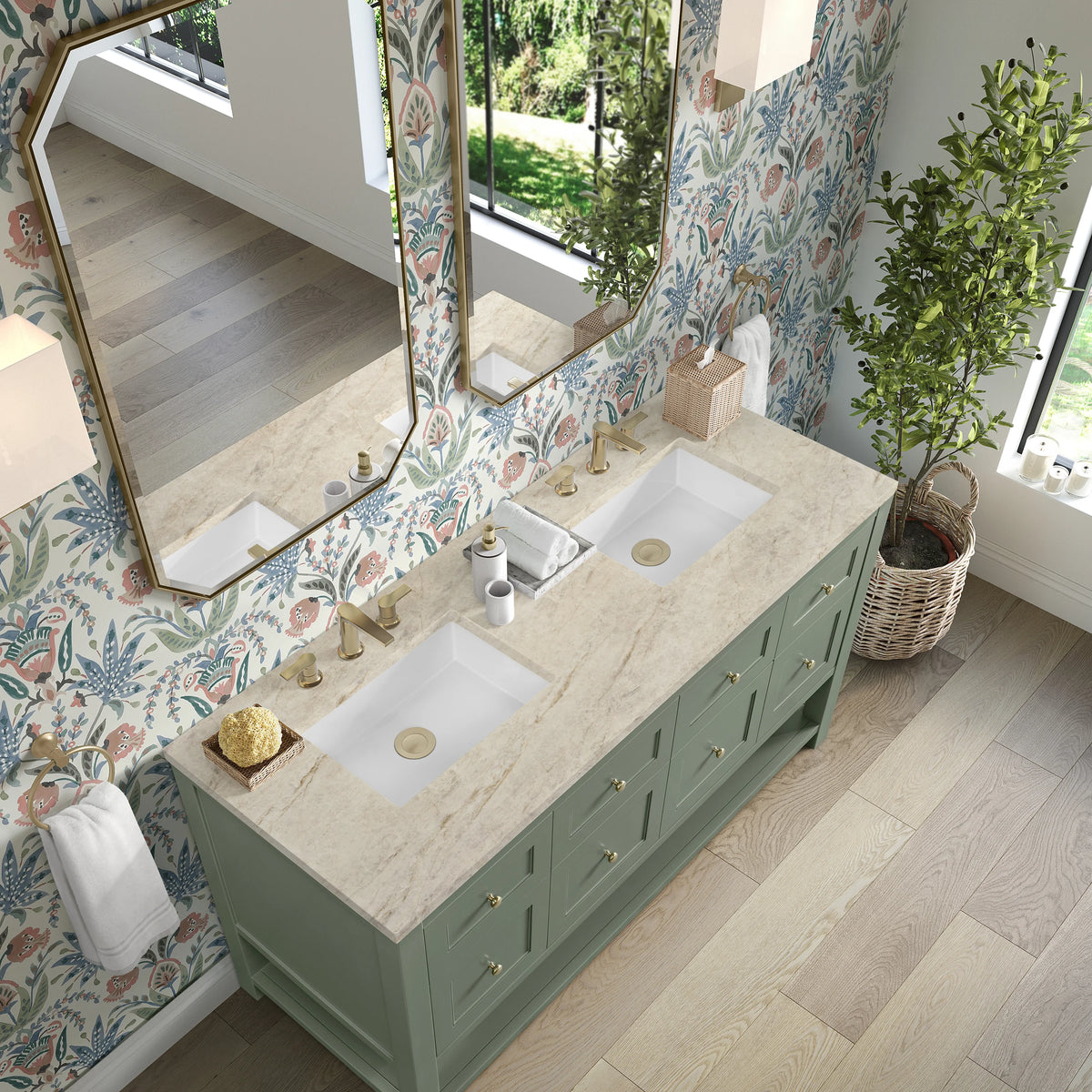 Breckenridge 60" Double Vanity, Smokey Celadon, w/ 3 CM Tajnar Eclos Top, view 7