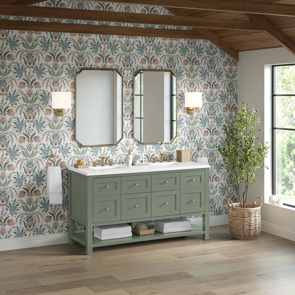 Breckenridge 60" Double Vanity, Smokey Celadon, w/ 3 CM White Zeus Quartz Top, view 5