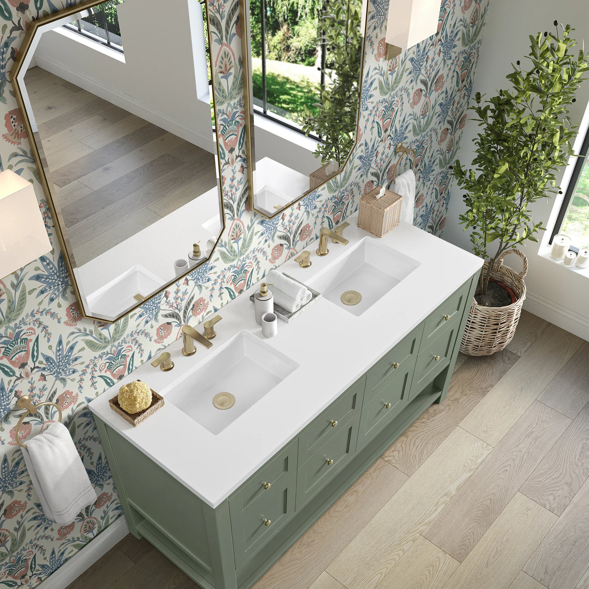 Breckenridge 60" Double Vanity, Smokey Celadon, w/ 3 CM White Zeus Quartz Top, view 7