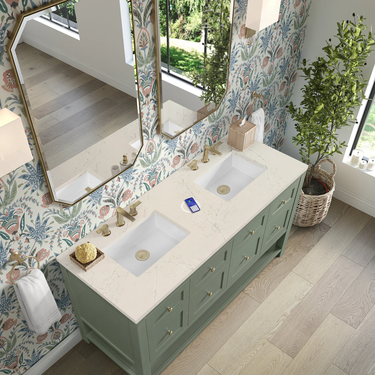 Breckenridge 60" Double Vanity, Smokey Celadon, w/ 3 CM Siberian Silestone Top w/FreePower Wireless Charger, view 9