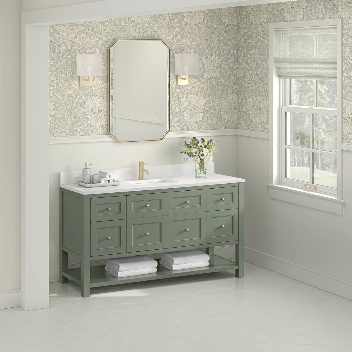 Breckenridge 60" Single Vanity, Smokey Celadon, w/ Single Hole 3 CM White Zeus Quartz Top & Backsplash, view 4