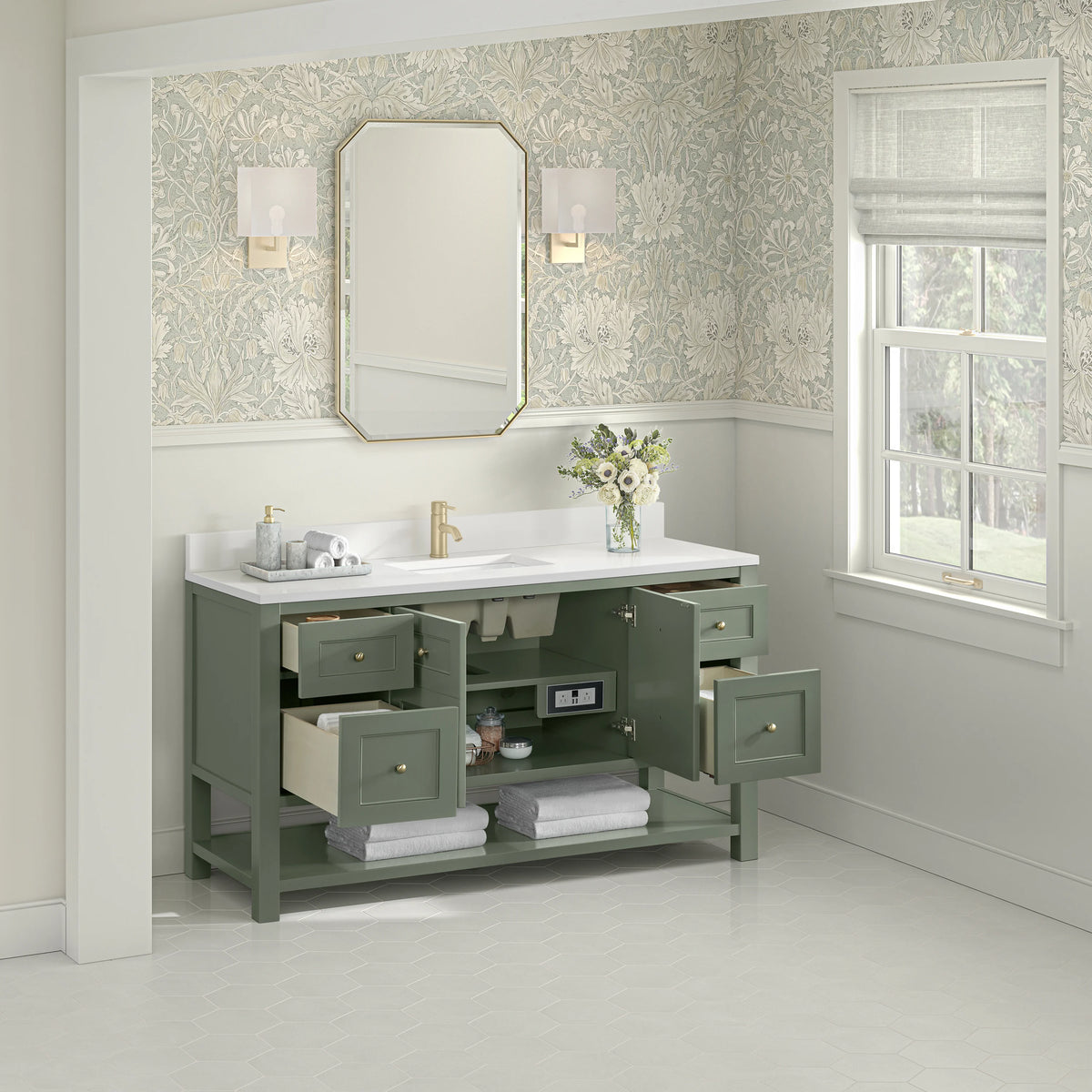 Breckenridge 60" Single Vanity, Smokey Celadon, w/ Single Hole 3 CM White Zeus Quartz Top & Backsplash, view 5