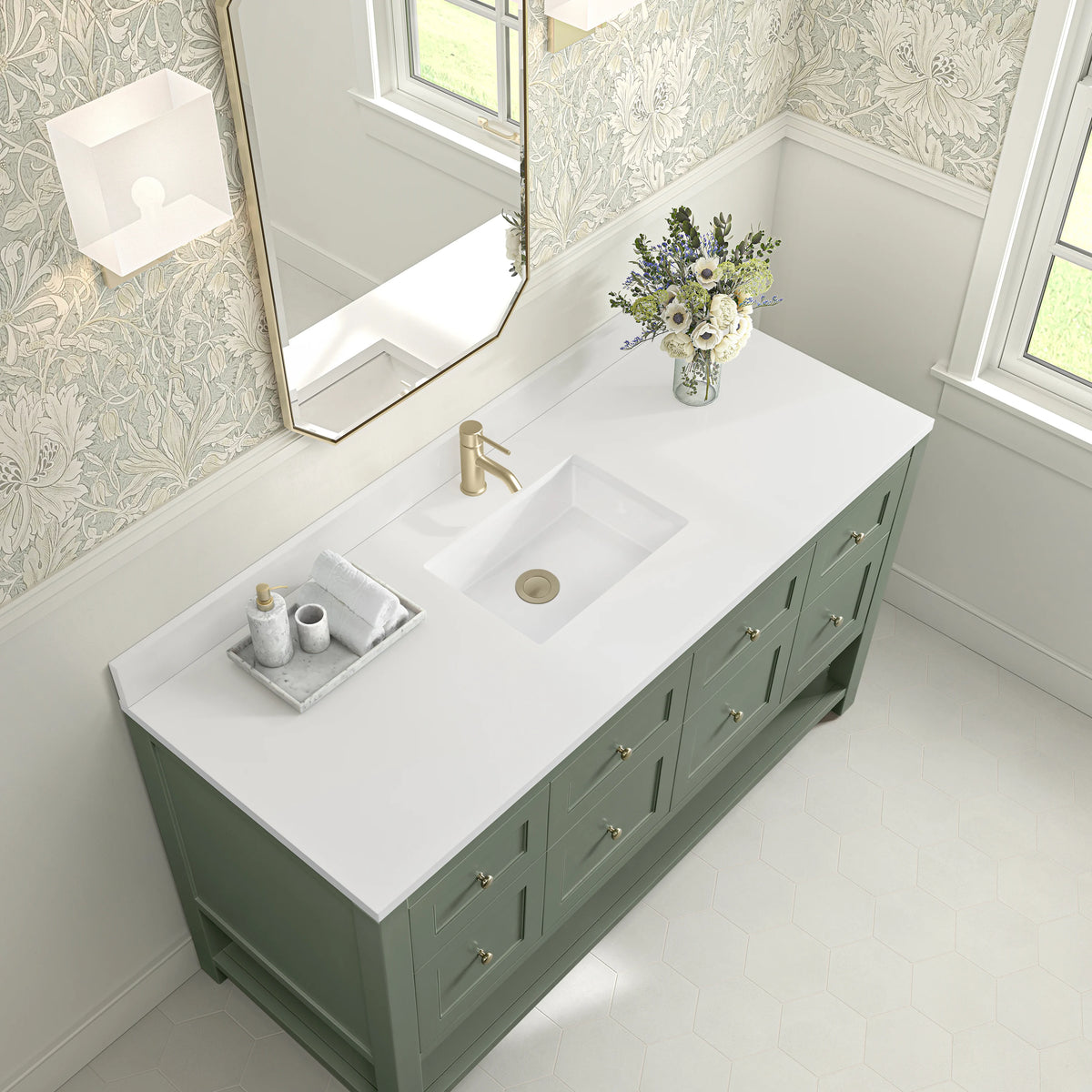 Breckenridge 60" Single Vanity, Smokey Celadon, w/ Single Hole 3 CM White Zeus Quartz Top & Backsplash, view 7