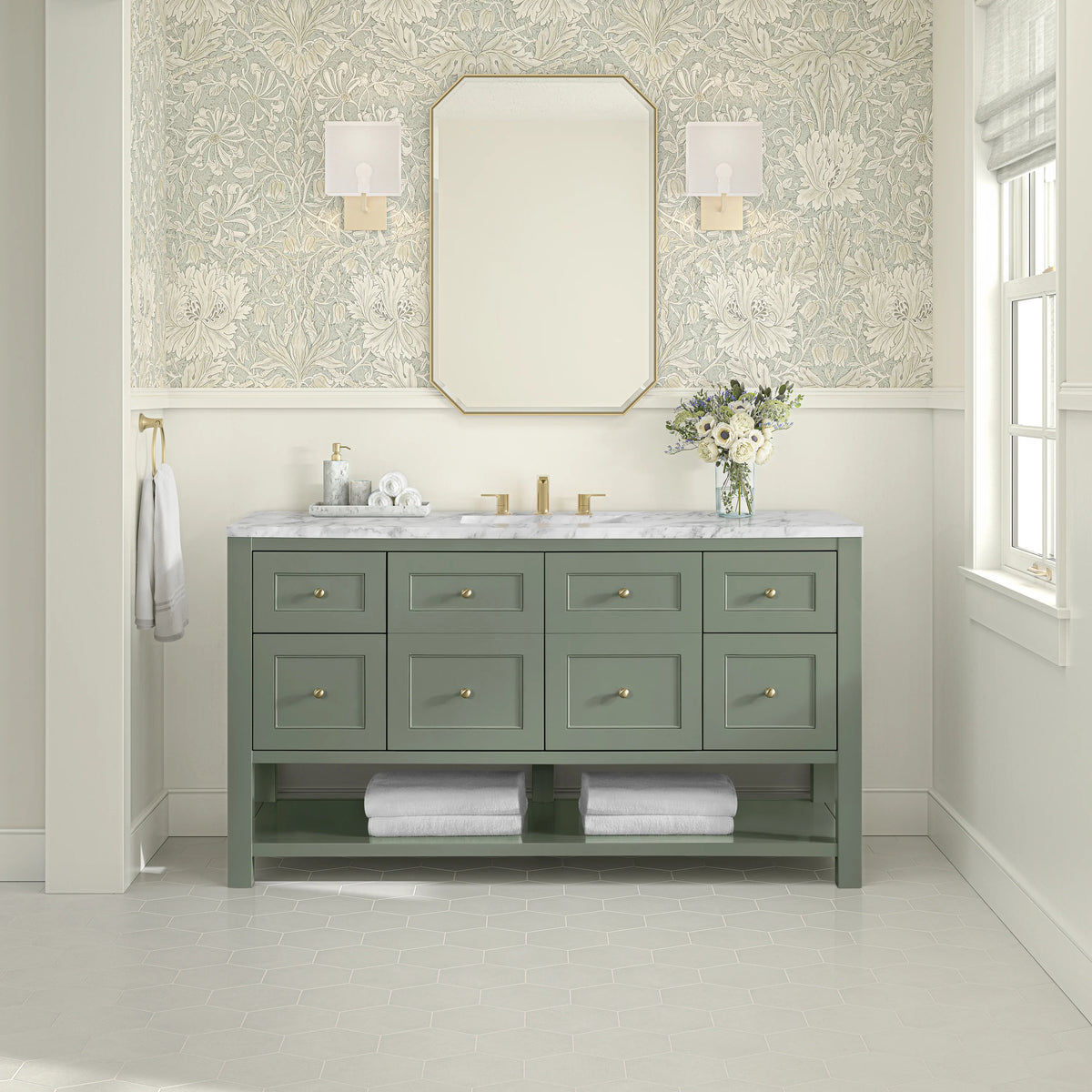 Breckenridge 60" Single Vanity, Smokey Celadon, w/ 3 CM Carrara Marble Top, view 3