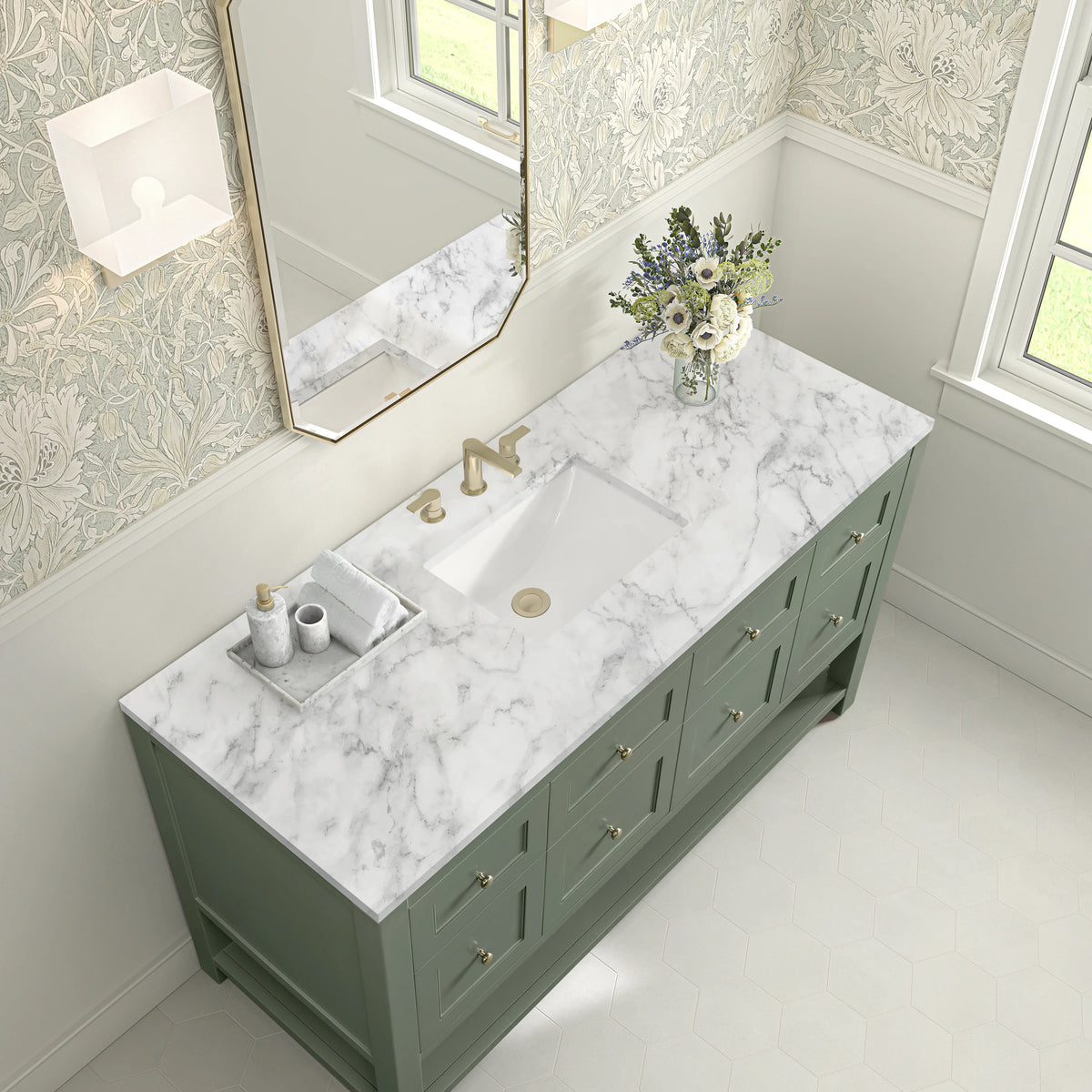 Breckenridge 60" Single Vanity, Smokey Celadon, w/ 3 CM Carrara Marble Top, view 7