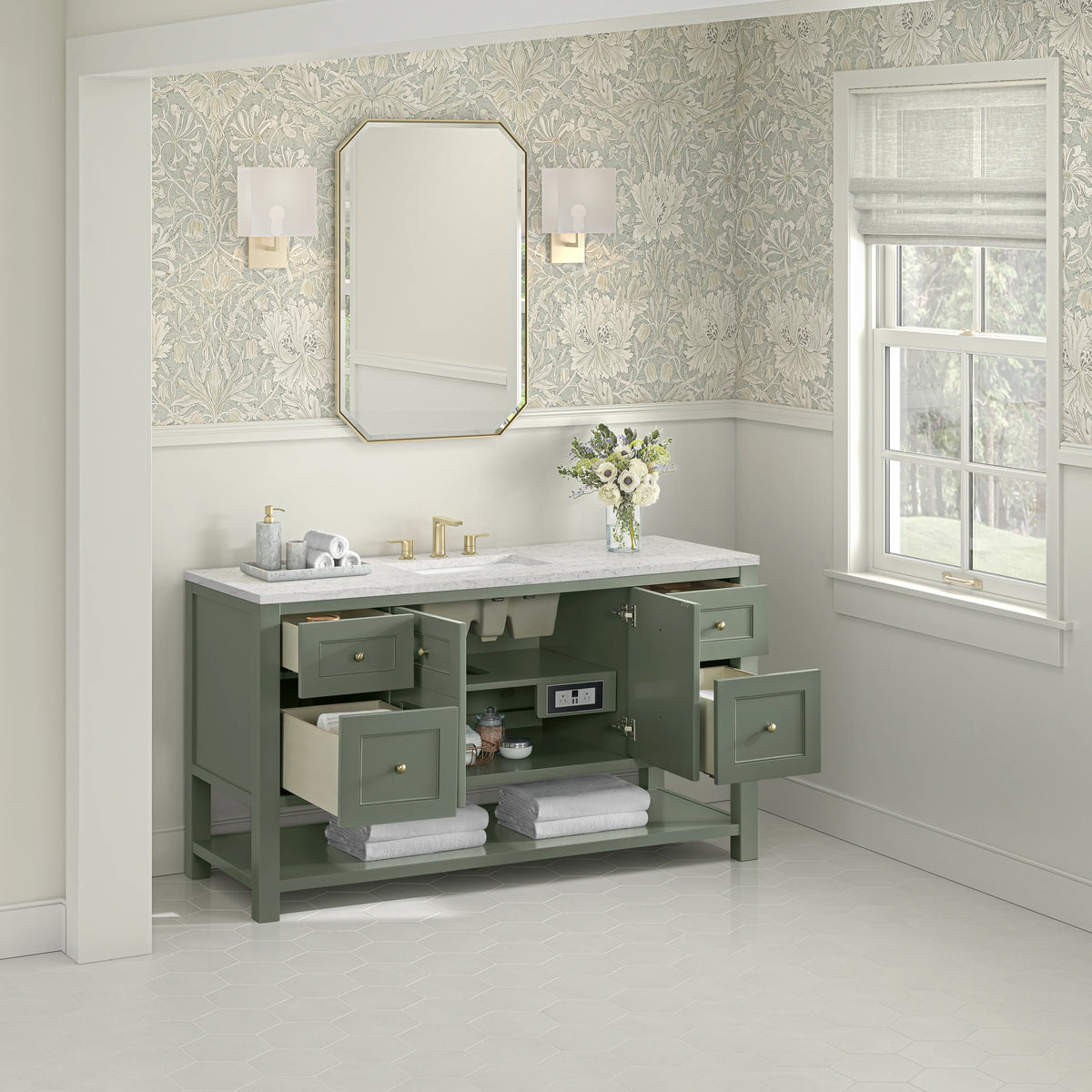 Breckenridge 60" Single Vanity, Smokey Celadon, w/ 3 CM Eternal Jasmine Pearl Quartz Top, view 5