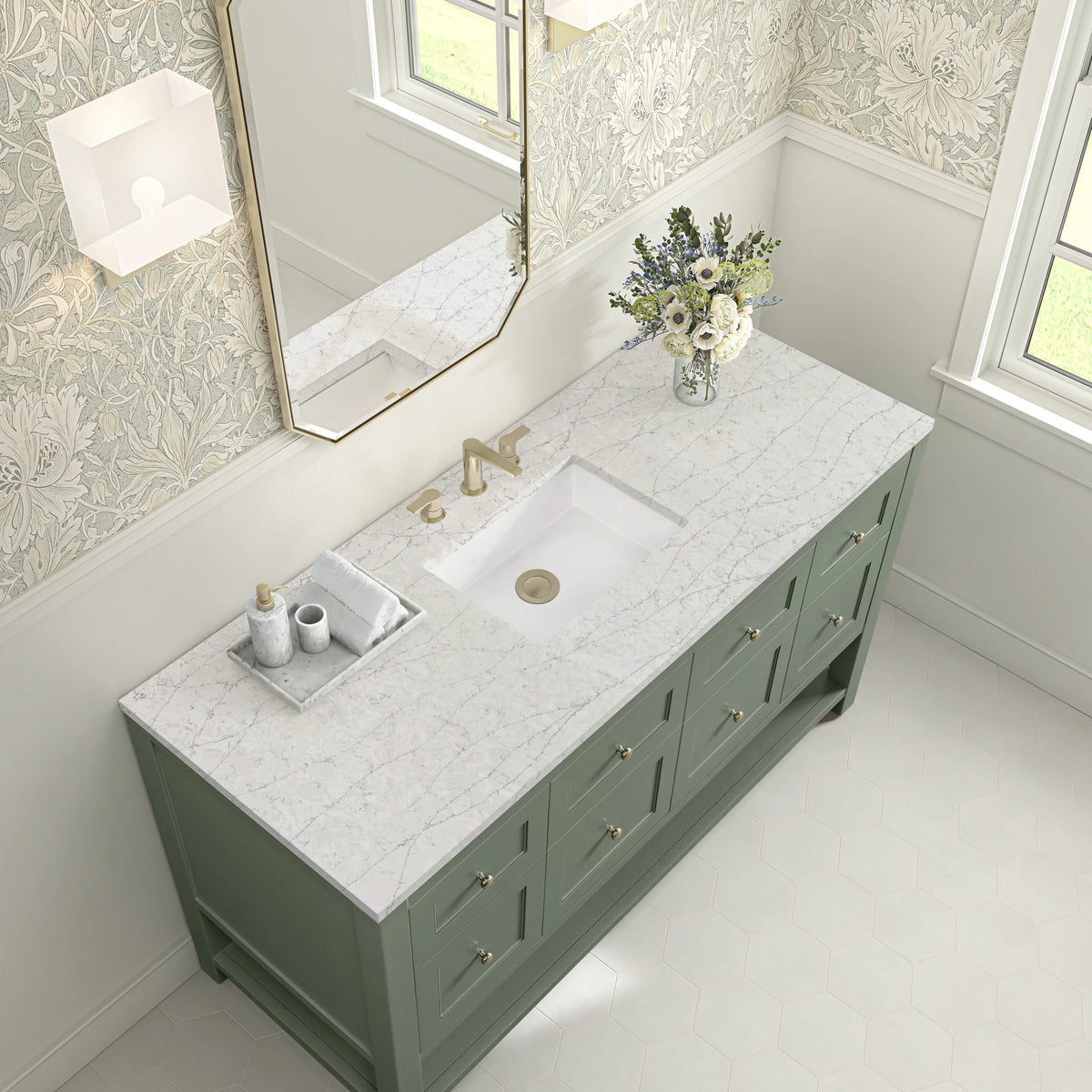Breckenridge 60" Single Vanity, Smokey Celadon, w/ 3 CM Eternal Jasmine Pearl Quartz Top, view 7
