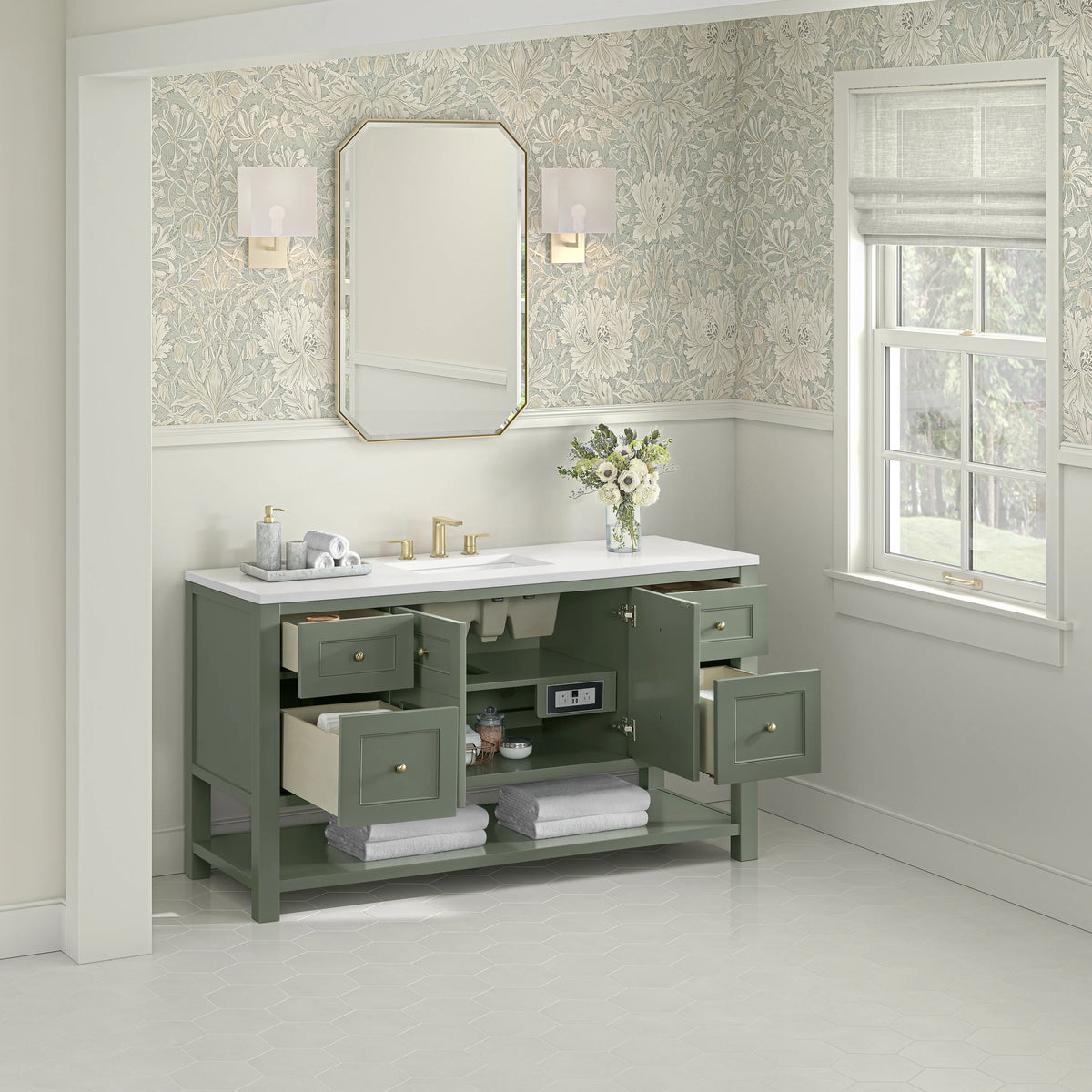Breckenridge 60" Single Vanity, Smokey Celadon, w/ 3 CM White Zeus Quartz Top, view 5