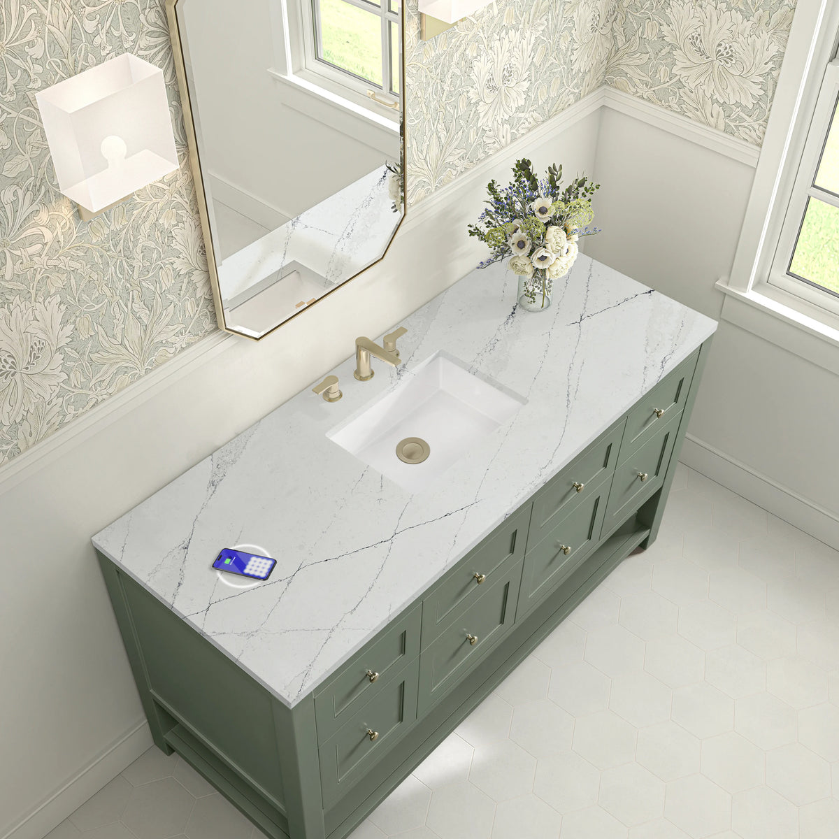 Breckenridge 60" Single Vanity, Smokey Celadon, w/ 3 CM Ethereal Noctis Silestone Top w/ FreePower Wireless Ch, view 10
