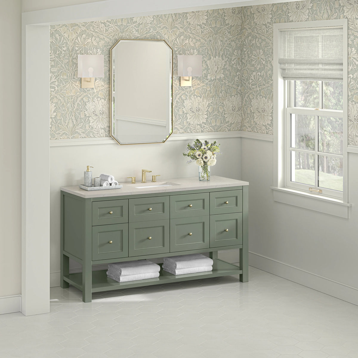 Breckenridge 60" Single Vanity, Smokey Celadon, w/ 3 CM Siberian Silestone Top w/FreePower Wireless Charger, view 6