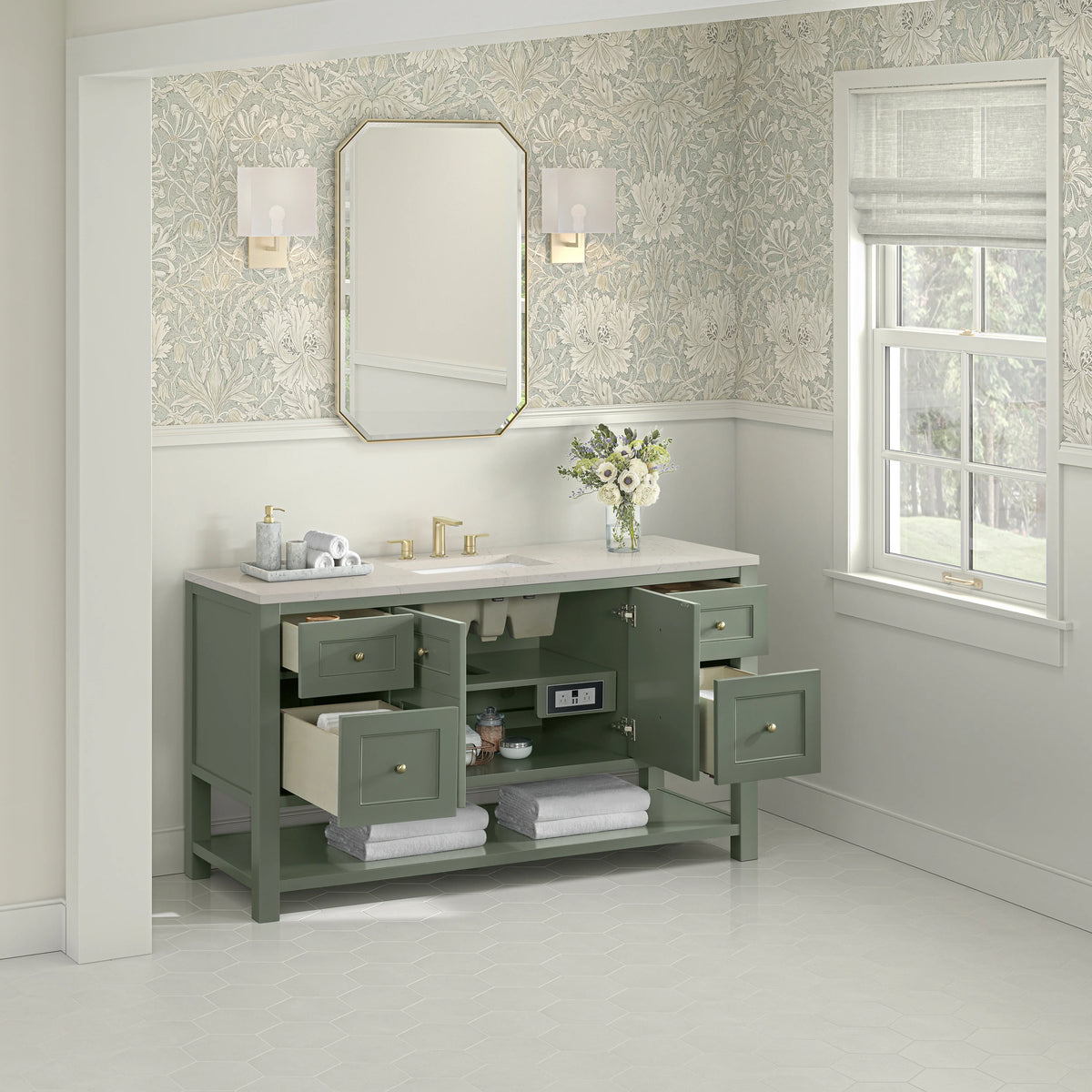 Breckenridge 60" Single Vanity, Smokey Celadon, w/ 3 CM Siberian Silestone Top w/FreePower Wireless Charger, view 7