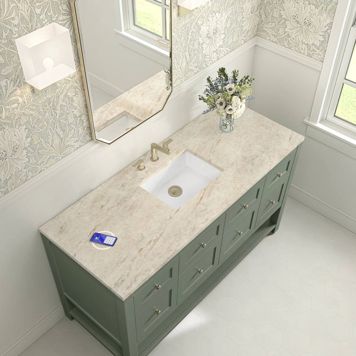 Breckenridge 60" Single Vanity, Smokey Celadon, w/ 3 CM Tajnar Eclos Top w/FreePower Wireless Charger, view 9