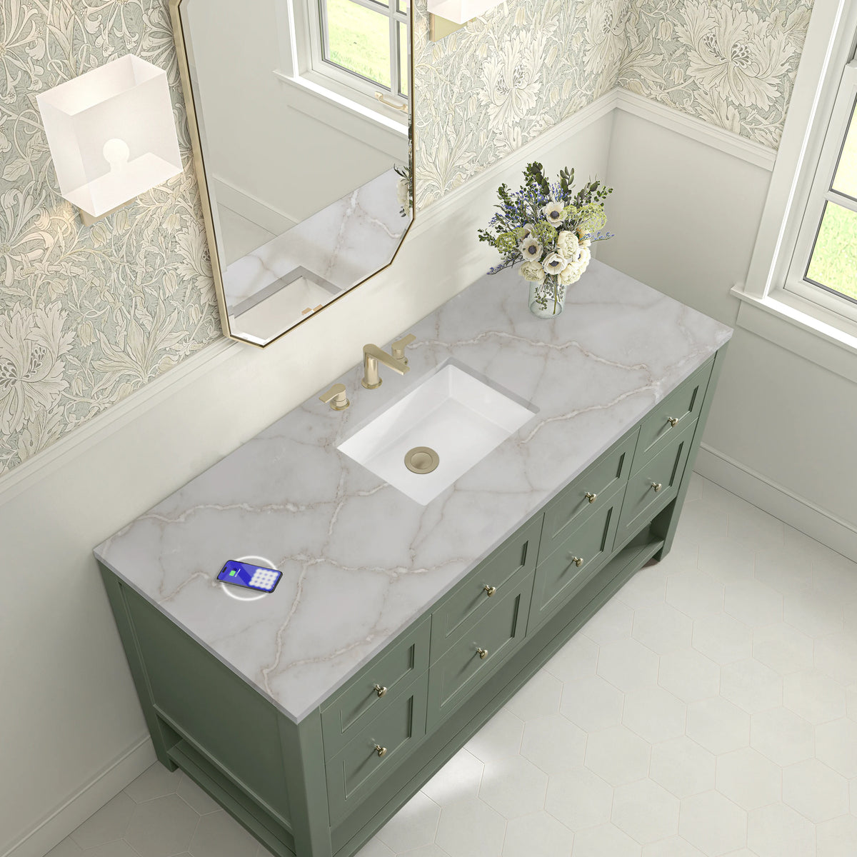 Breckenridge 60" Single Vanity, Smokey Celadon, w/ 3 CM Victorian Silver Silestone Top w/ FreePower Wireless C, view 10