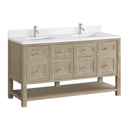 Breckenridge 60" Double Vanity, Whitewashed Oak, w/ Single Hole 3 CM White Zeus Quartz Top & Backsplash, view 10