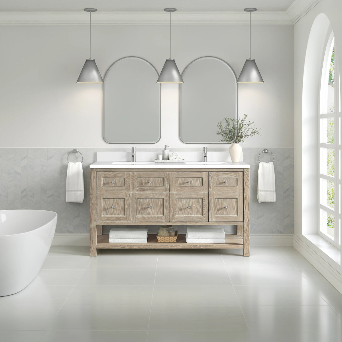 Breckenridge 60" Double Vanity, Whitewashed Oak, w/ Single Hole 3 CM White Zeus Quartz Top & Backsplash, view 3