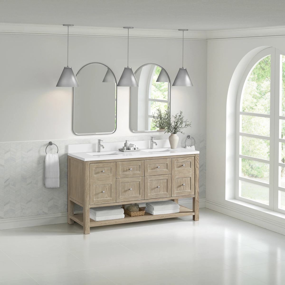 Breckenridge 60" Double Vanity, Whitewashed Oak, w/ Single Hole 3 CM White Zeus Quartz Top & Backsplash, view 4