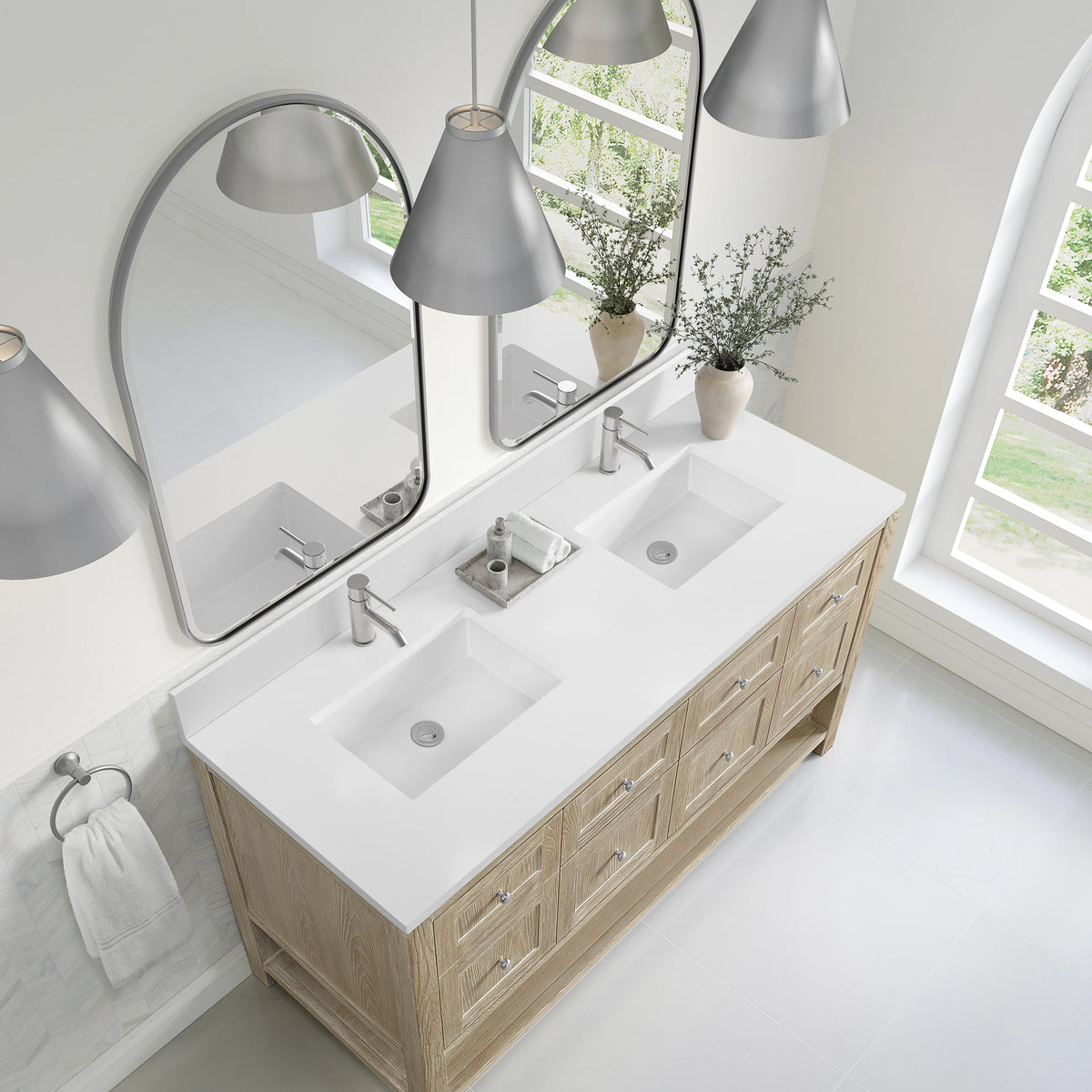 Breckenridge 60" Double Vanity, Whitewashed Oak, w/ Single Hole 3 CM White Zeus Quartz Top & Backsplash, view 7