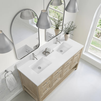 Breckenridge 60" Double Vanity, Whitewashed Oak, w/ Single Hole 3 CM White Zeus Quartz Top & Backsplash, view 7