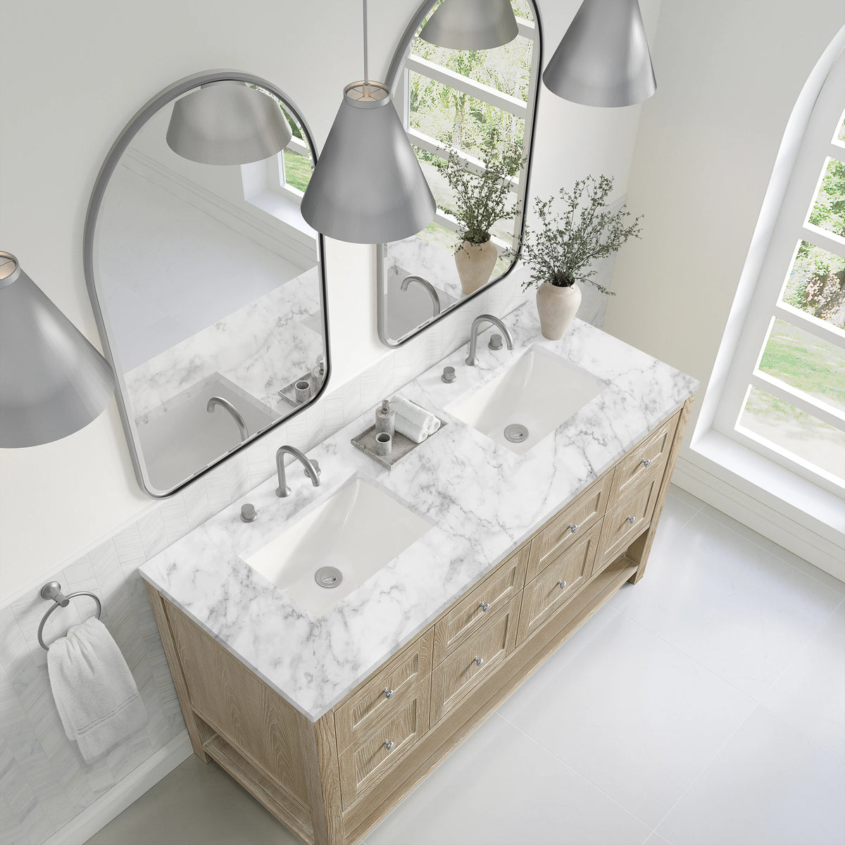 Breckenridge 60" Double Vanity, Whitewashed Oak, w/ 3 CM Carrara Marble Top, view 7