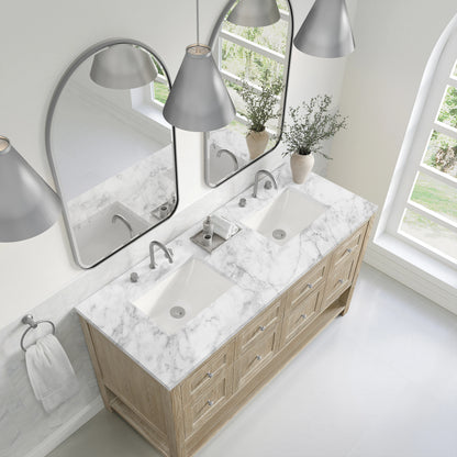 Breckenridge 60" Double Vanity, Whitewashed Oak, w/ 3 CM Carrara Marble Top, view 7